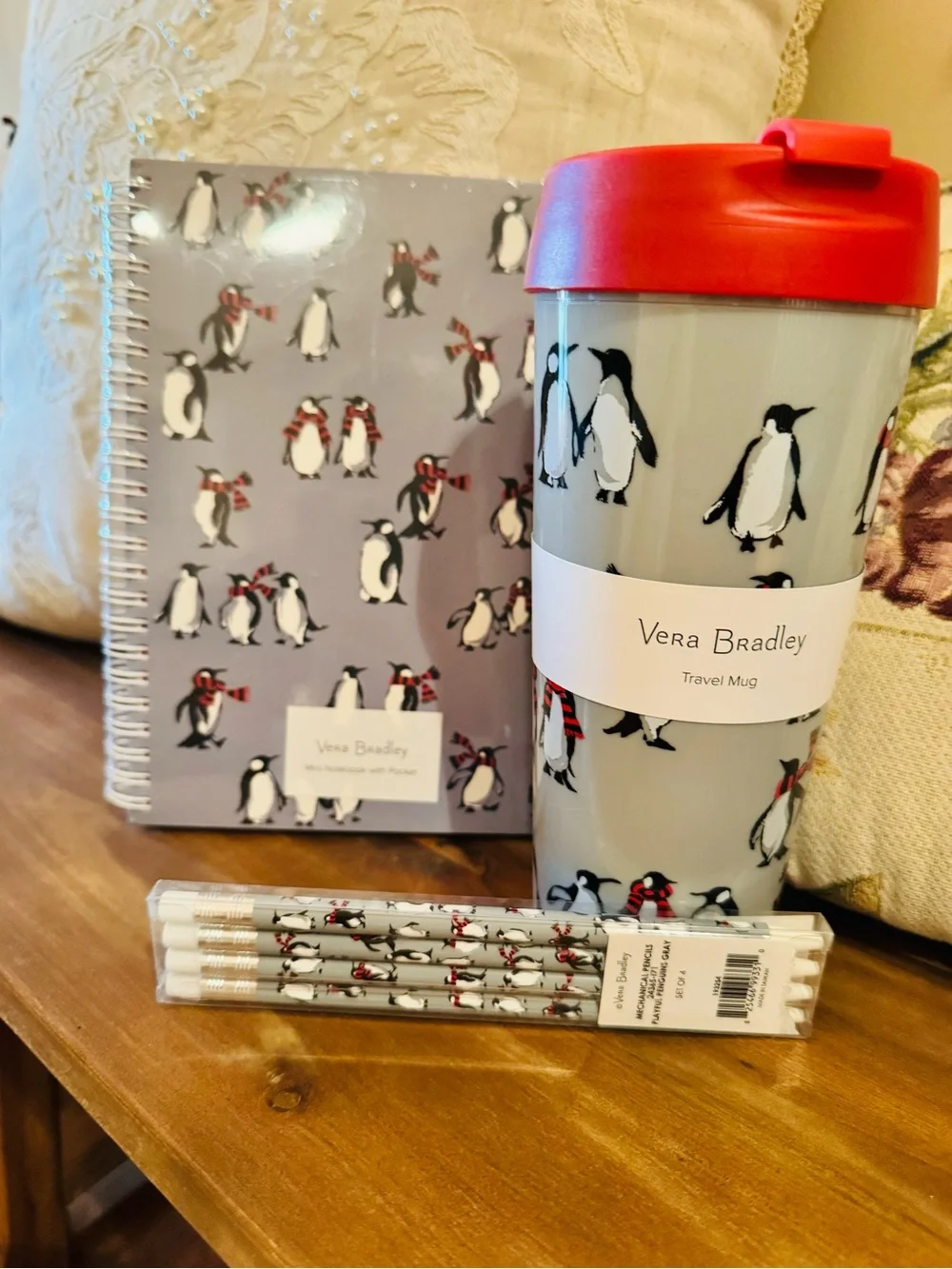 New! Vera Bradley Penguin Travel Mug, Notebook and Pencil Set